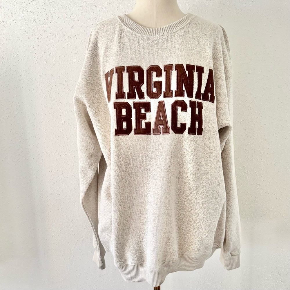 New Virginia Beach Embroidered Heather Knit Sweater Women's sz XL Natural Brown - Picture 2 of 8